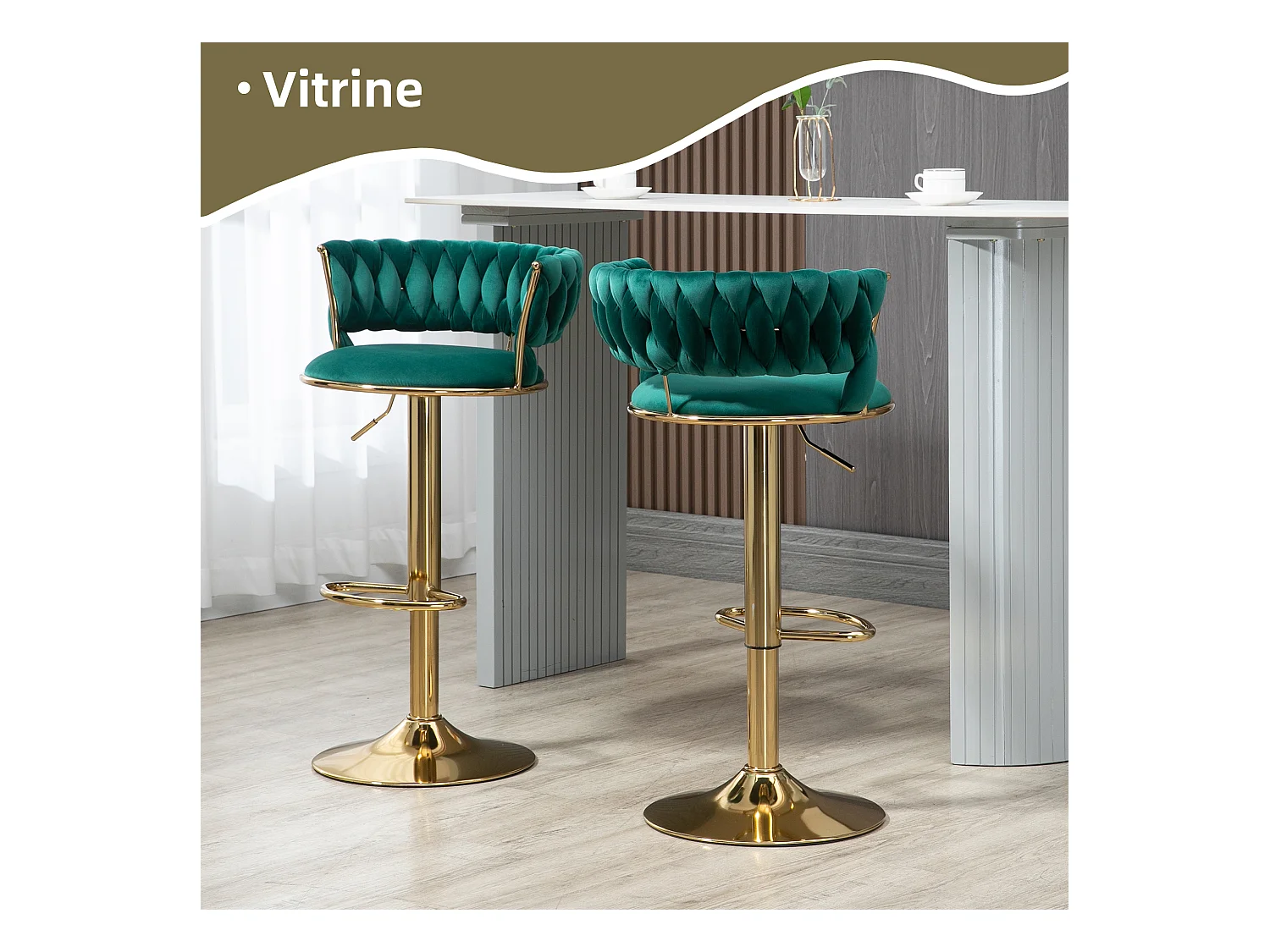 Lot de 2 Tabourets de Bar – Assise Tissée Verte – Pieds Dorés – Hauteur Réglable – 360° Rotatifs – Idéal pour Cuisine et Bar