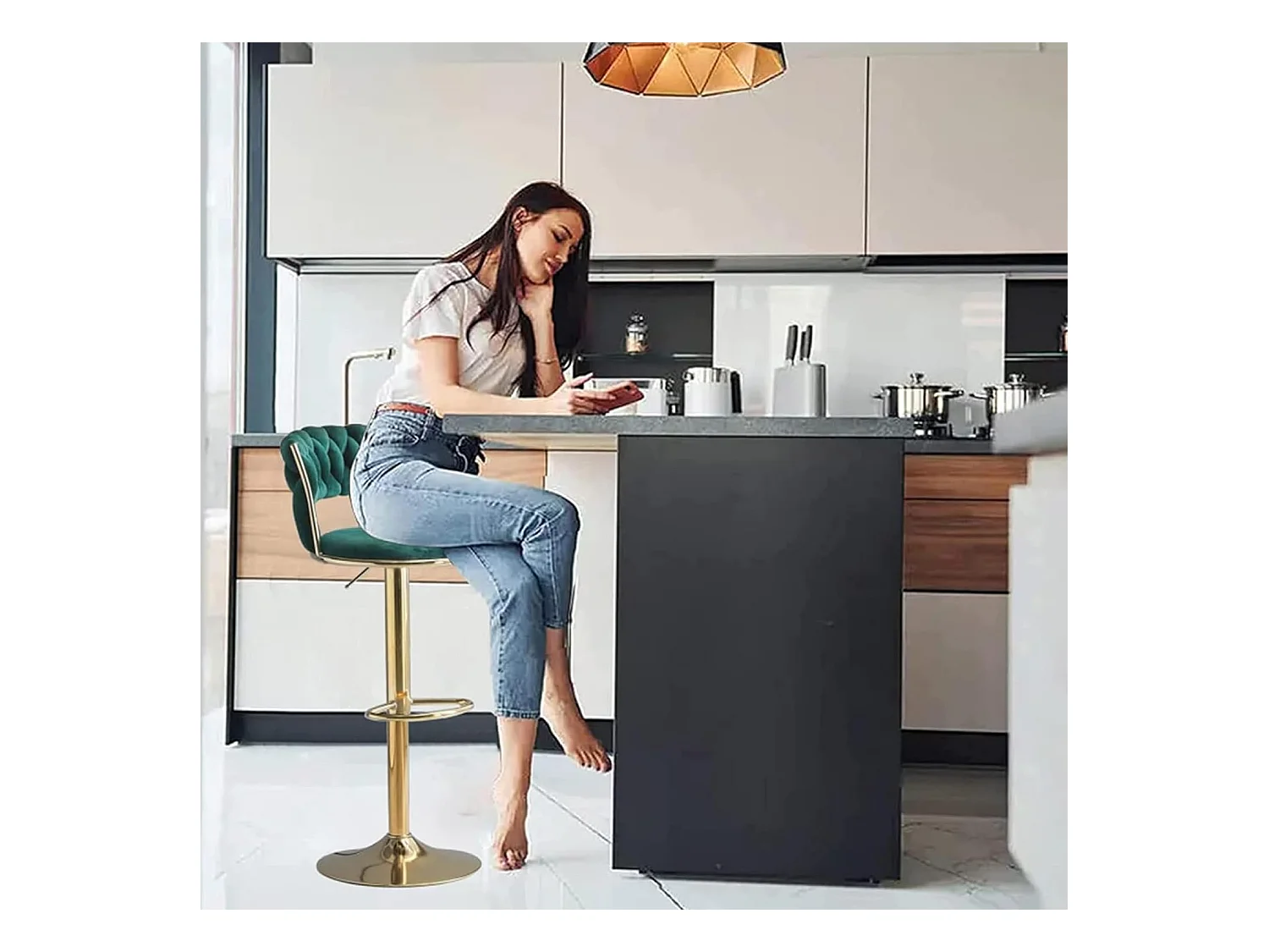 Lot de 2 Tabourets de Bar – Assise Tissée Verte – Pieds Dorés – Hauteur Réglable – 360° Rotatifs – Idéal pour Cuisine et Bar