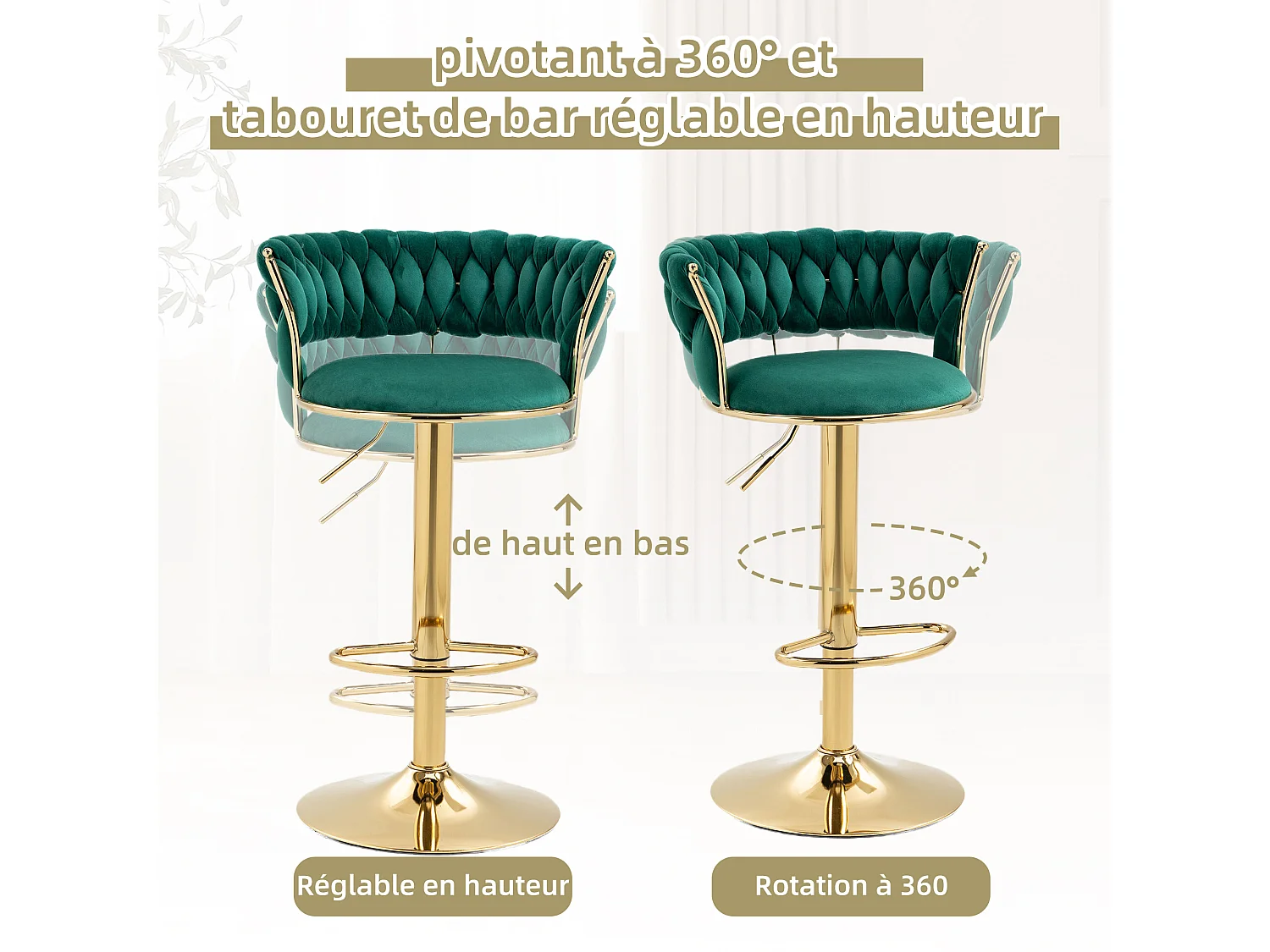 Lot de 2 Tabourets de Bar – Assise Tissée Verte – Pieds Dorés – Hauteur Réglable – 360° Rotatifs – Idéal pour Cuisine et Bar