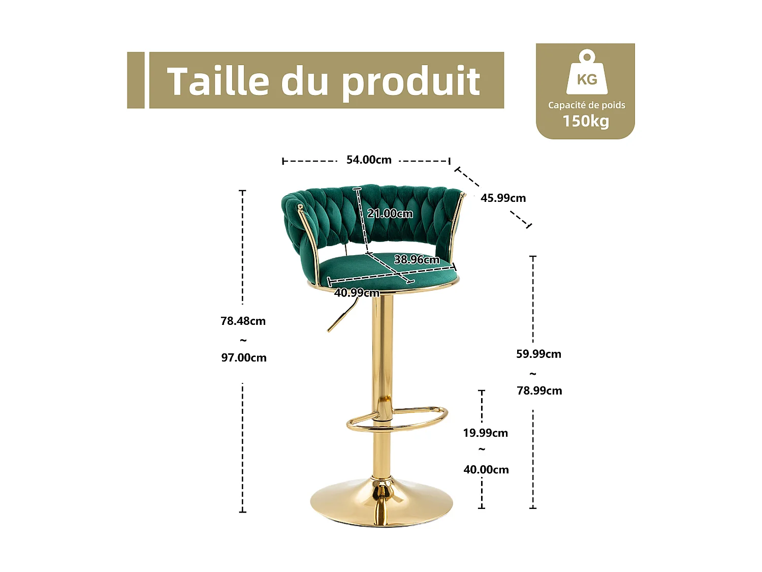 Lot de 2 Tabourets de Bar – Assise Tissée Verte – Pieds Dorés – Hauteur Réglable – 360° Rotatifs – Idéal pour Cuisine et Bar