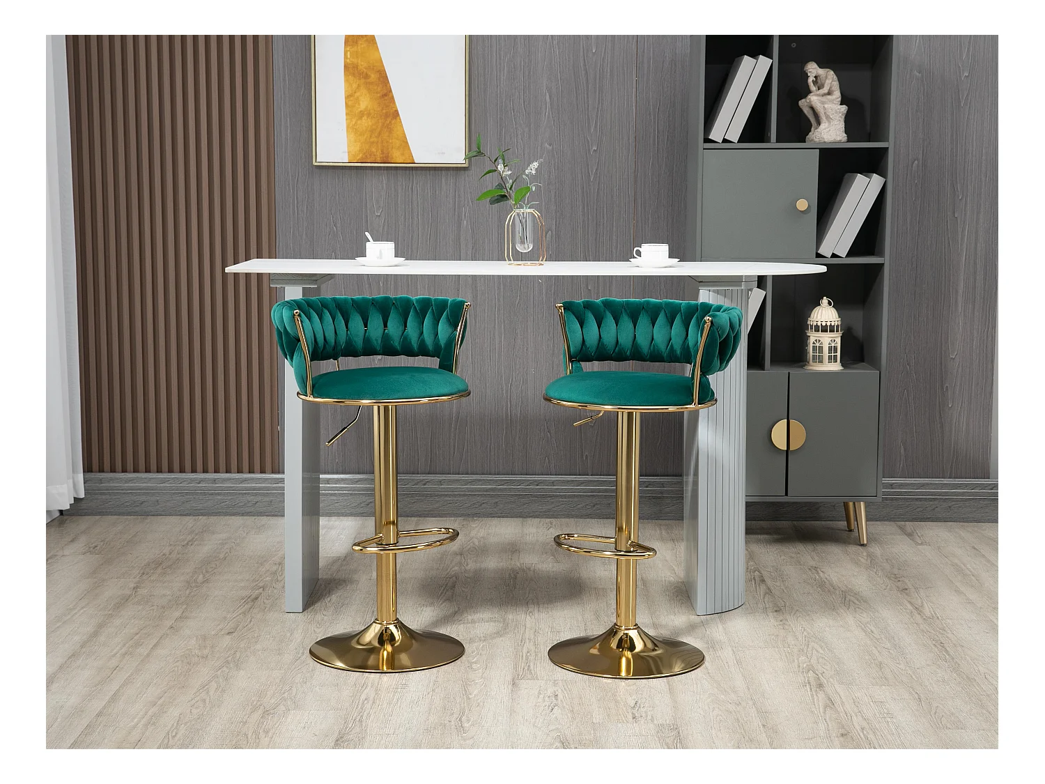 Lot de 2 Tabourets de Bar – Assise Tissée Verte – Pieds Dorés – Hauteur Réglable – 360° Rotatifs – Idéal pour Cuisine et Bar