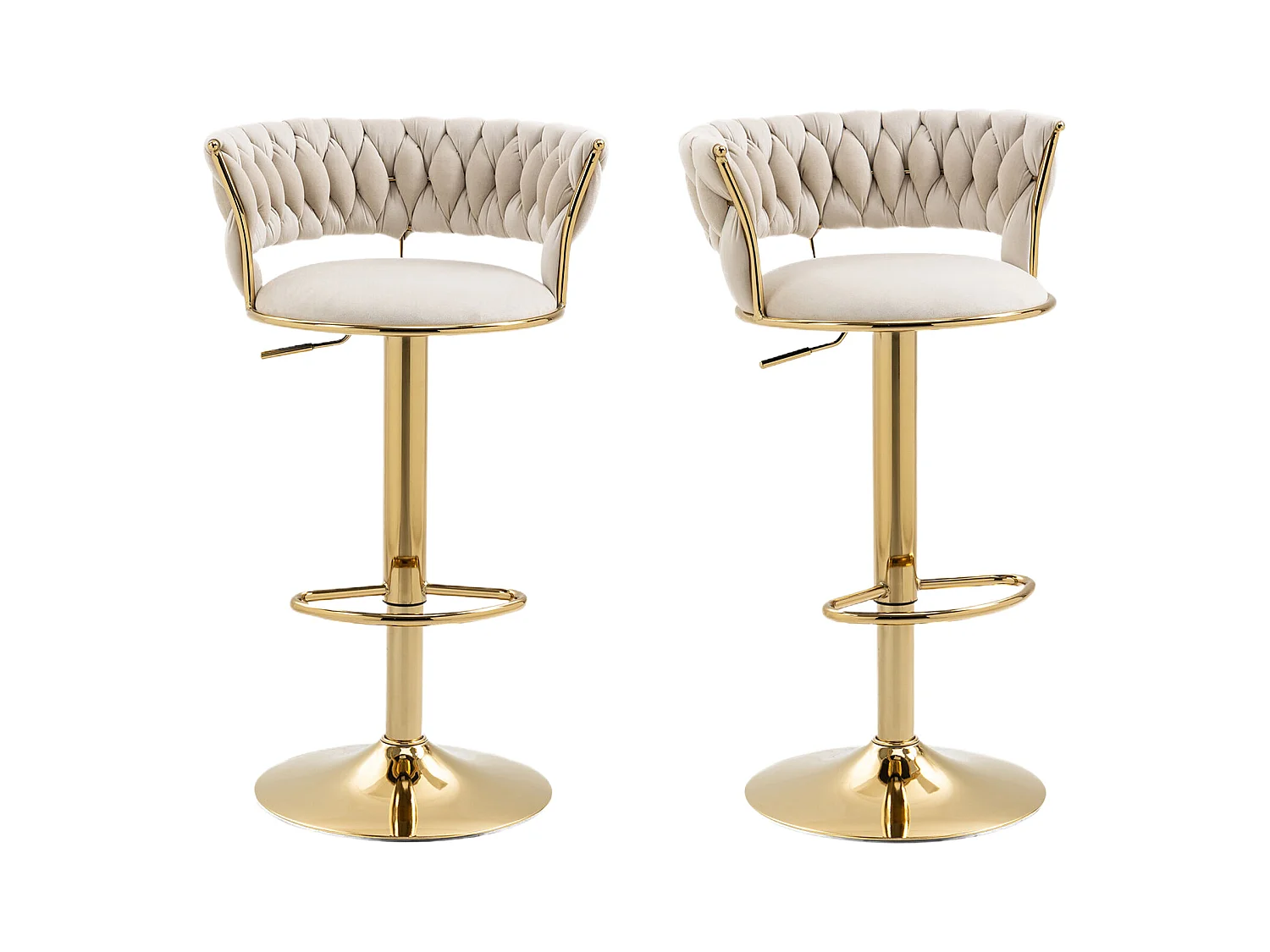 Lot de 4 Tabourets de Bar – Assise Tissée Ivoire – Pieds Dorés – Hauteur Réglable – 360° Rotatifs – Idéal pour Cuisine et Bar