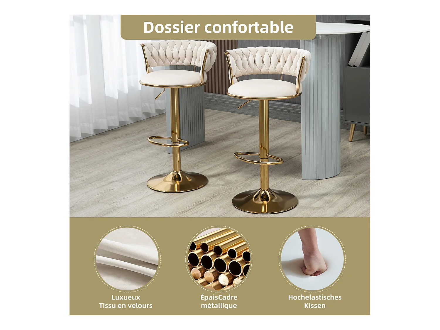 Lot de 4 Tabourets de Bar – Assise Tissée Ivoire – Pieds Dorés – Hauteur Réglable – 360° Rotatifs – Idéal pour Cuisine et Bar