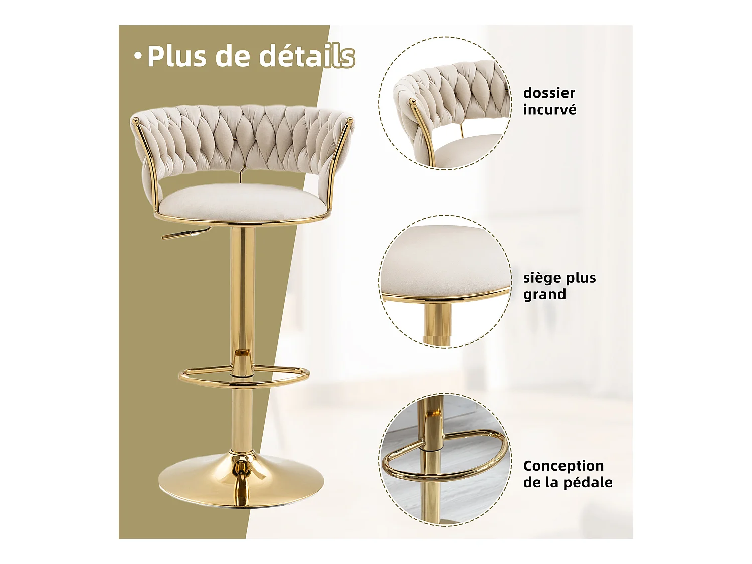 Lot de 4 Tabourets de Bar – Assise Tissée Ivoire – Pieds Dorés – Hauteur Réglable – 360° Rotatifs – Idéal pour Cuisine et Bar