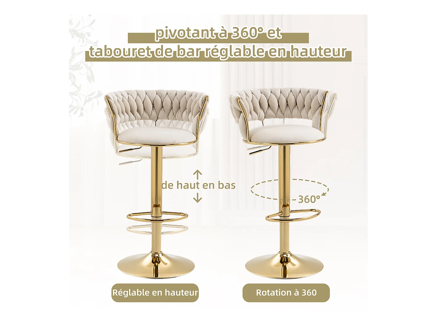 Lot de 4 Tabourets de Bar – Assise Tissée Ivoire – Pieds Dorés – Hauteur Réglable – 360° Rotatifs – Idéal pour Cuisine et Bar