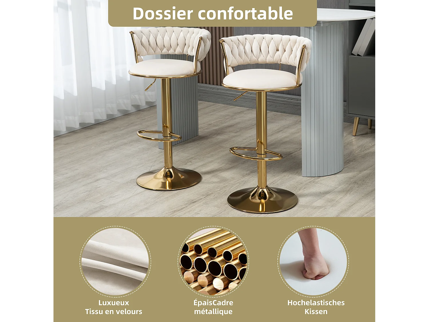 Lot de 4 Tabourets de Bar – Assise Tissée Ivoire – Pieds Dorés – Hauteur Réglable – 360° Rotatifs – Idéal pour Cuisine et Bar