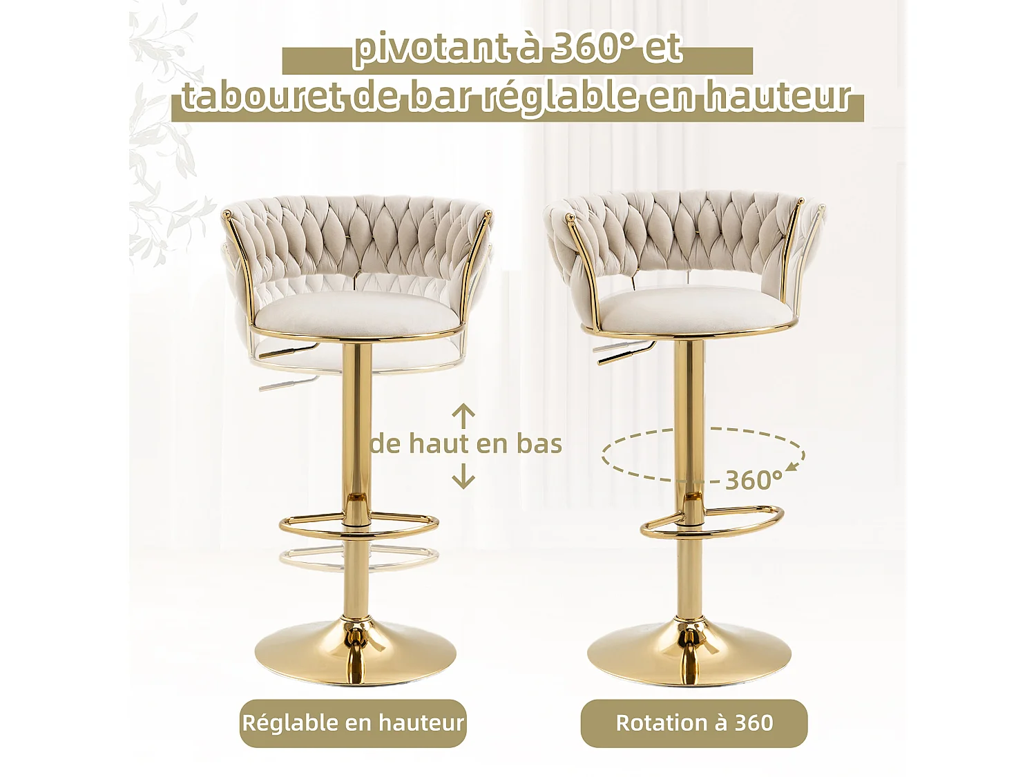 Lot de 4 Tabourets de Bar – Assise Tissée Ivoire – Pieds Dorés – Hauteur Réglable – 360° Rotatifs – Idéal pour Cuisine et Bar