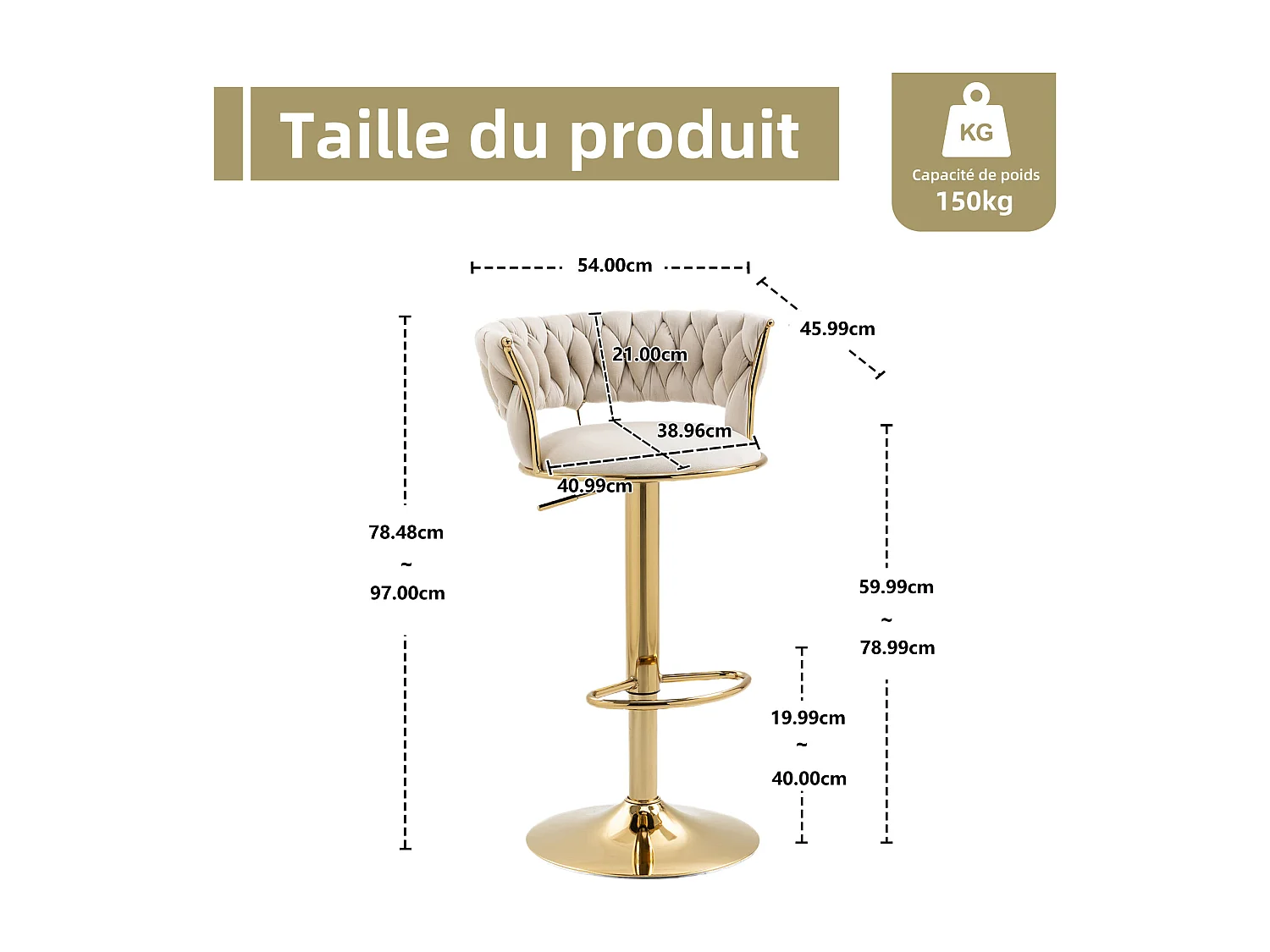 Lot de 4 Tabourets de Bar – Assise Tissée Ivoire – Pieds Dorés – Hauteur Réglable – 360° Rotatifs – Idéal pour Cuisine et Bar
