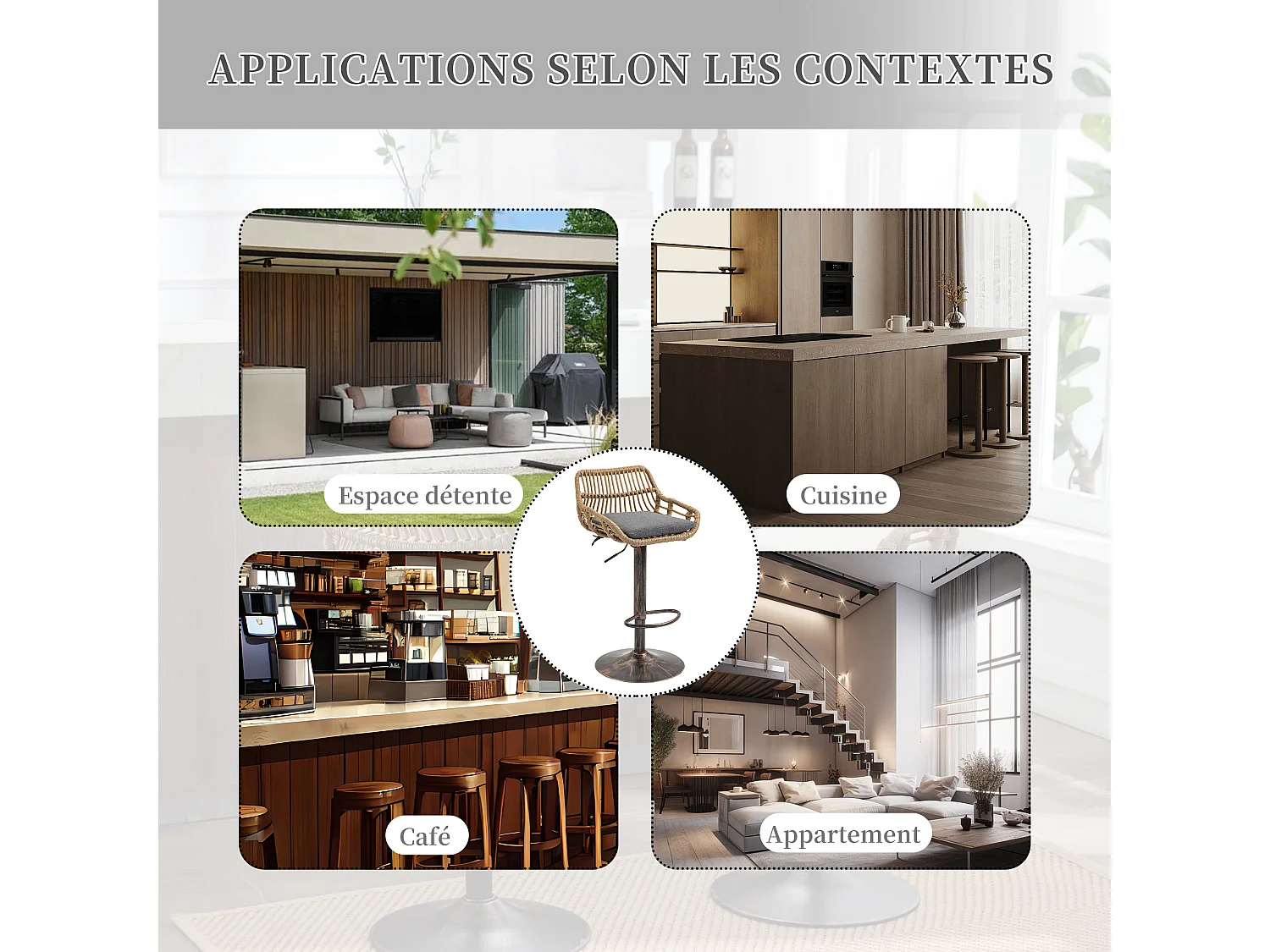 Lot de 2 Tabourets de Bar – Assise en Lin Gris – Base Métallique Marron – Design en Rotin – Confort Optimal