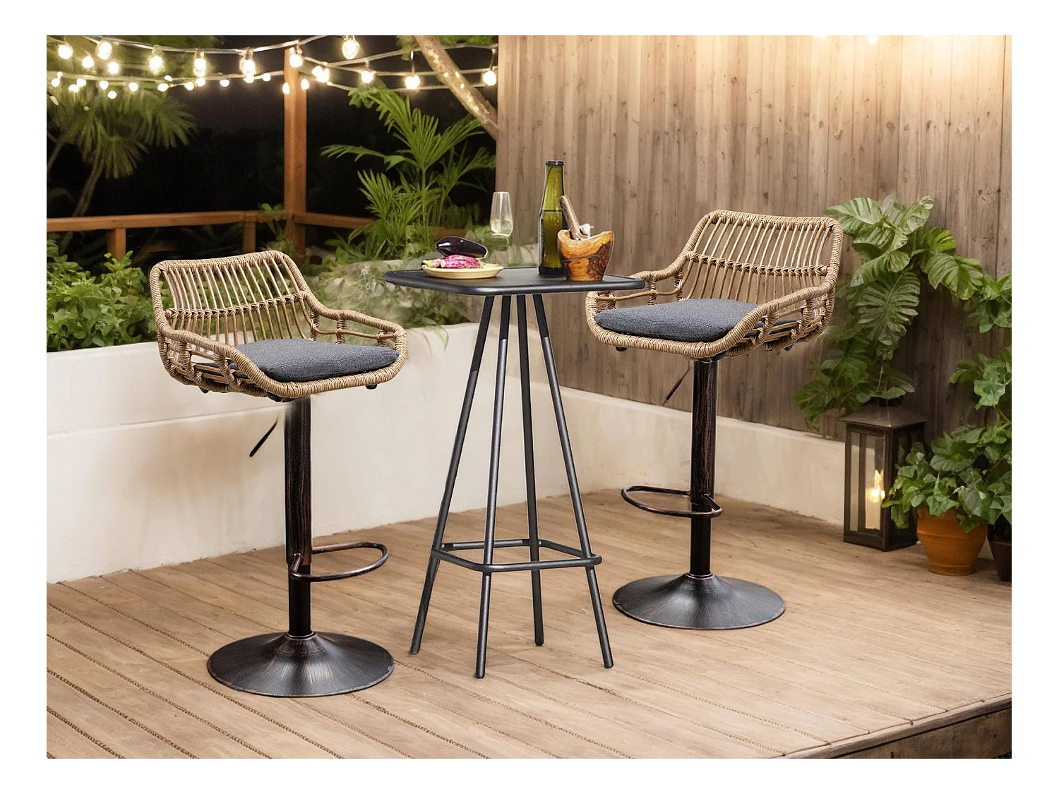 Lot de 2 Tabourets de Bar – Assise en Lin Gris – Base Métallique Marron – Design en Rotin – Confort Optimal
