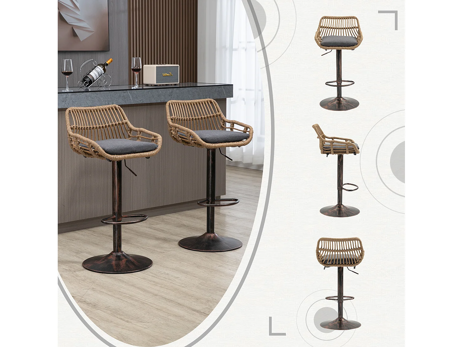 Lot de 2 Tabourets de Bar – Assise en Lin Gris – Base Métallique Marron – Design en Rotin – Confort Optimal