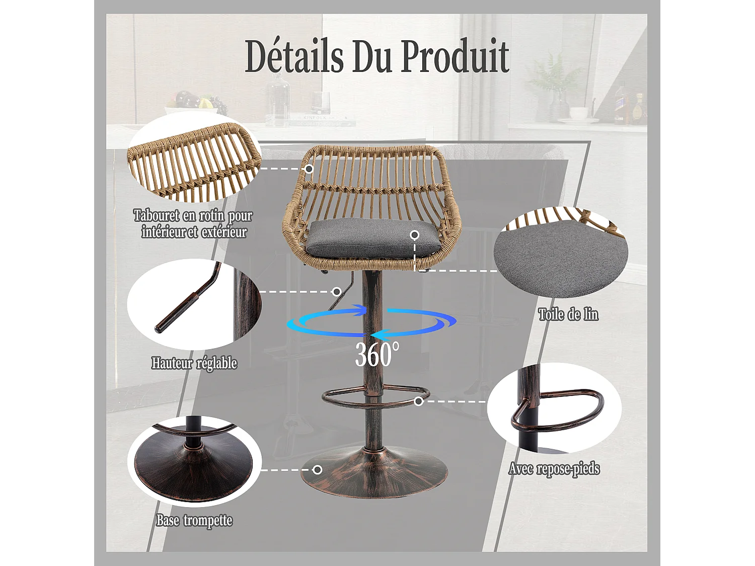 Lot de 2 Tabourets de Bar – Assise en Lin Gris – Base Métallique Marron – Design en Rotin – Confort Optimal