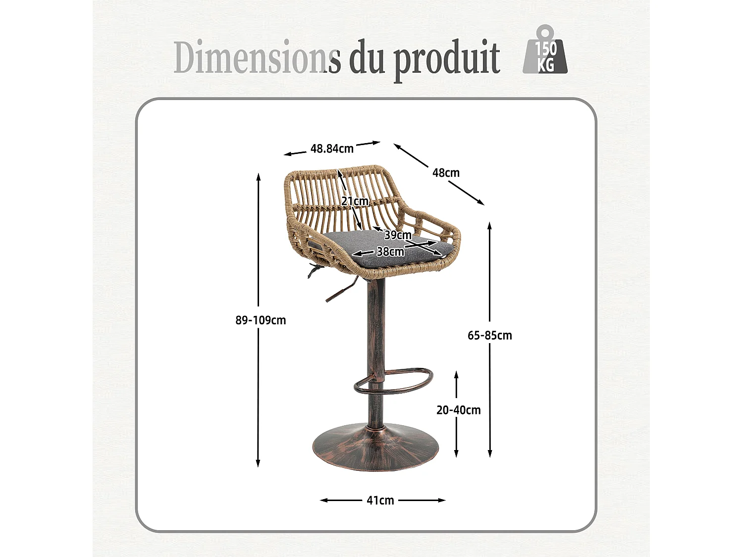 Lot de 2 Tabourets de Bar – Assise en Lin Gris – Base Métallique Marron – Design en Rotin – Confort Optimal