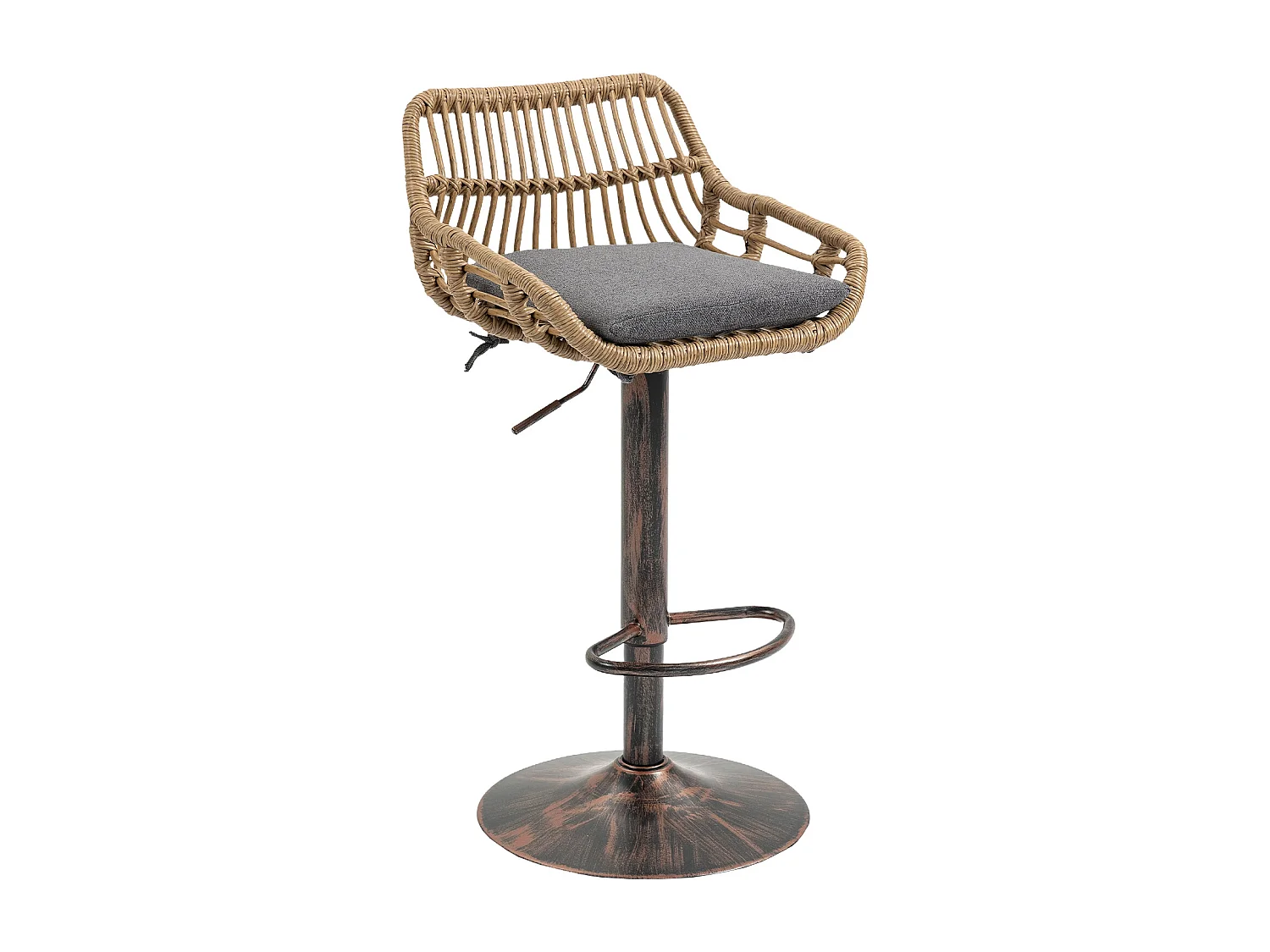 Lot de 2 Tabourets de Bar – Assise en Lin Gris – Base Métallique Marron – Design en Rotin – Confort Optimal