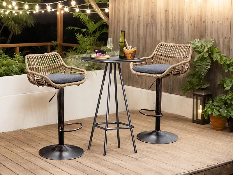 Lot de 2 Tabourets de Bar – Assise en Lin Gris – Base Métallique Marron – Design en Rotin – Confort Optimal