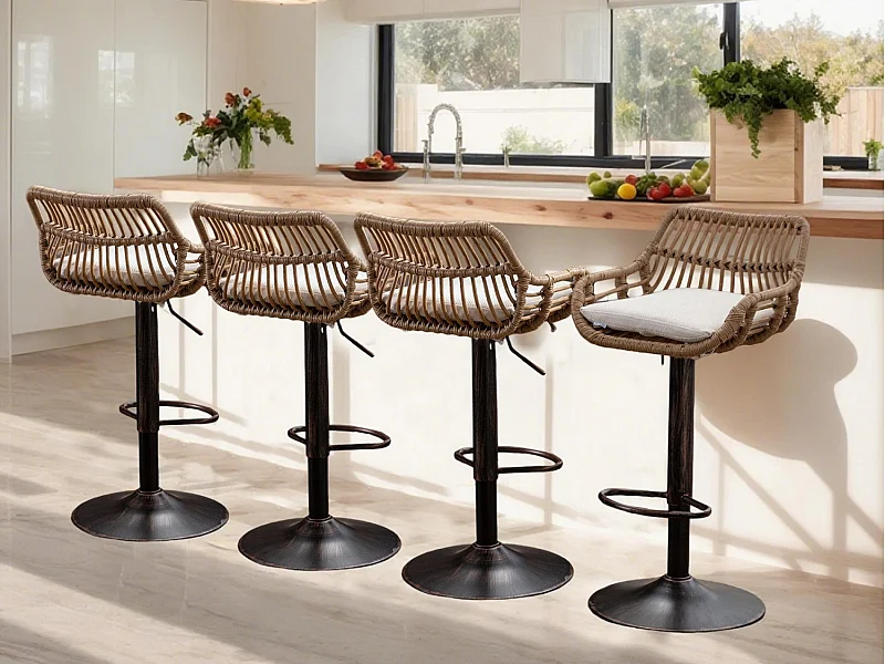 Lot de 4 Tabourets de Bar – Assise en Lin Beige – Base Métallique Marron – Design en Rotin – Confort Optimal
