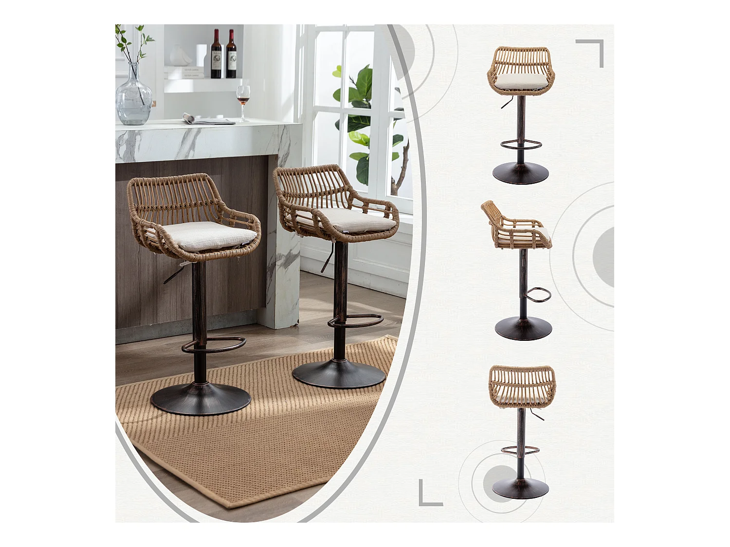 Lot de 4 Tabourets de Bar – Assise en Lin Beige – Base Métallique Marron – Design en Rotin – Confort Optimal