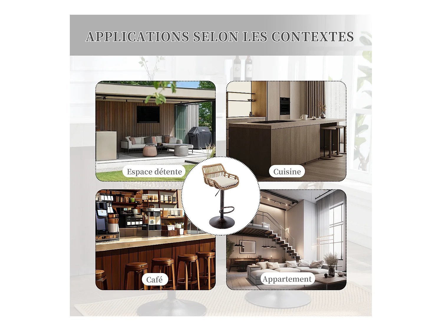 Lot de 4 Tabourets de Bar – Assise en Lin Beige – Base Métallique Marron – Design en Rotin – Confort Optimal