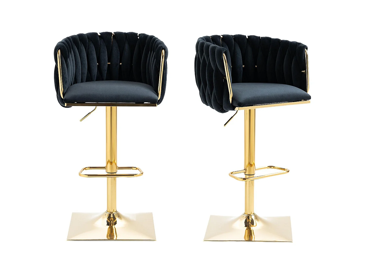 Lot de 2 Tabourets de Bar Tressés en noir - Pieds en Métal Doré - Repose-Pieds - Hauteur Réglable - Rotation 360° - Idéal pour Cuisine, Salon ou Bar