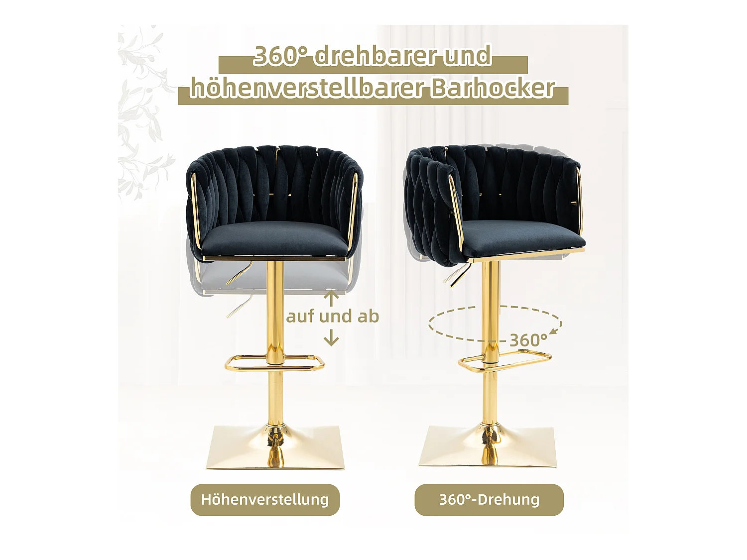 Lot de 2 Tabourets de Bar Tressés en noir - Pieds en Métal Doré - Repose-Pieds - Hauteur Réglable - Rotation 360° - Idéal pour Cuisine, Salon ou Bar