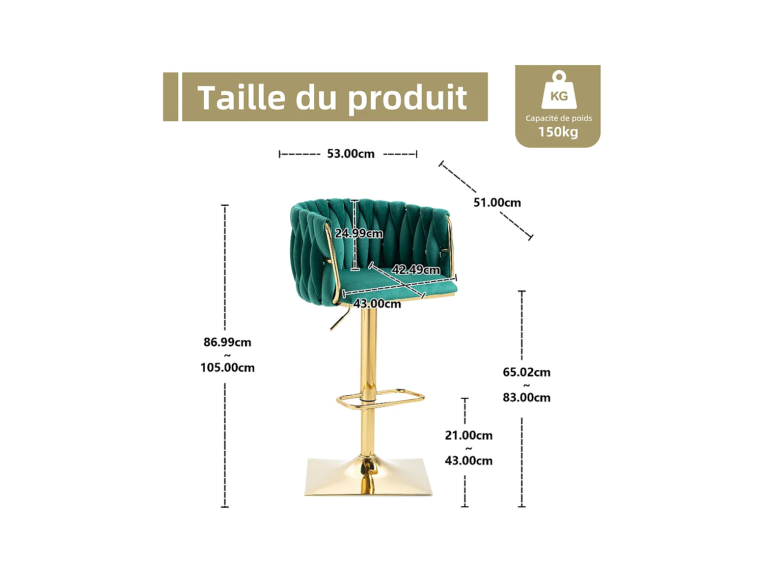 Lot de 2 Tabourets de Bar Tressés en noir - Pieds en Métal Doré - Repose-Pieds - Hauteur Réglable - Rotation 360° - Idéal pour Cuisine, Salon ou Bar