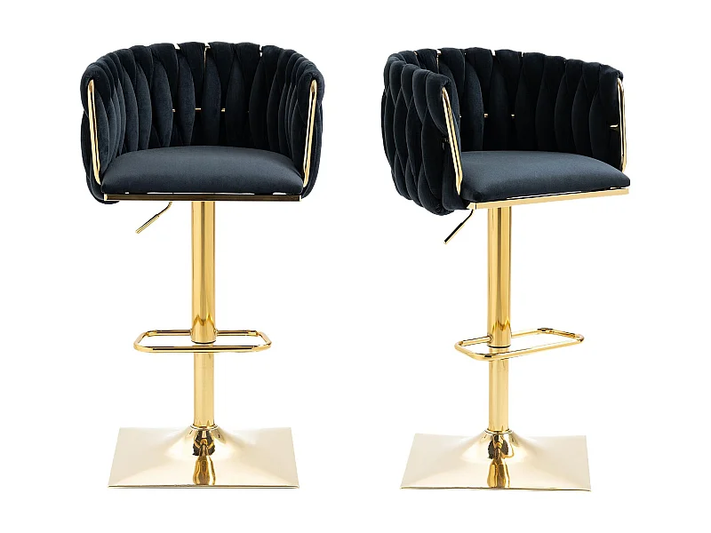 Lot de 2 Tabourets de Bar Tressés en noir - Pieds en Métal Doré - Repose-Pieds - Hauteur Réglable - Rotation 360° - Idéal pour Cuisine, Salon ou Bar