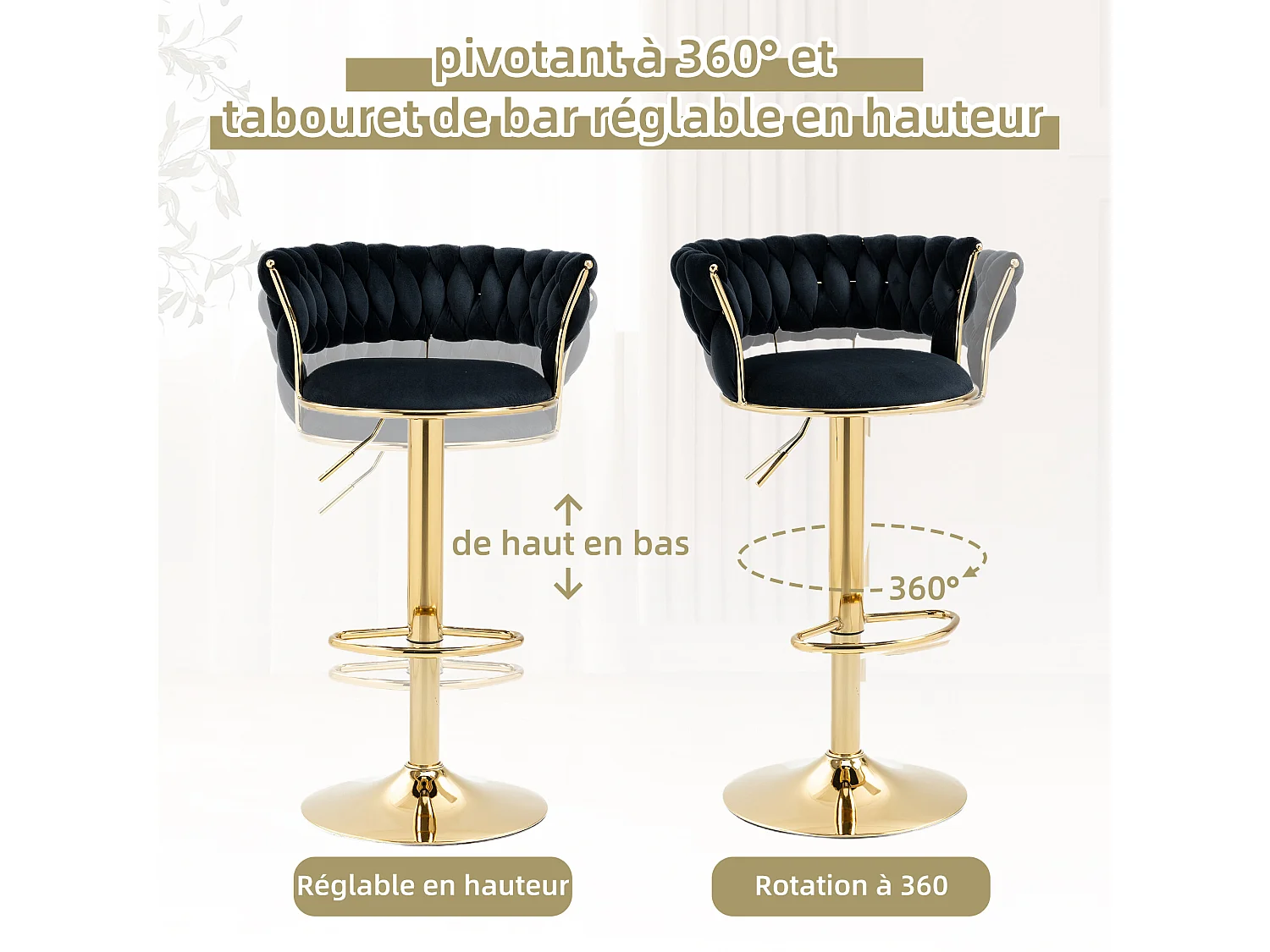 Lot de 2 Tabourets de Bar – Assise Tissée Noire – Pieds Dorés – Hauteur Réglable – 360° Rotatifs – Idéal pour Cuisine et Bar