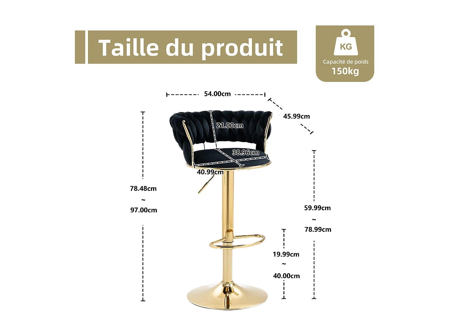 Lot de 2 Tabourets de Bar – Assise Tissée Noire – Pieds Dorés – Hauteur Réglable – 360° Rotatifs – Idéal pour Cuisine et Bar