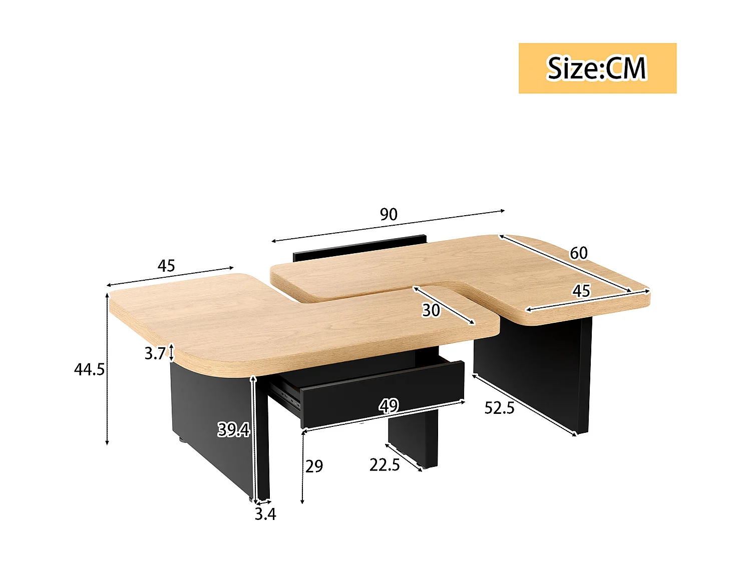 Lot de 2 Tables Basses Carrées en Bois Noir - Modulaire avec Coins Arrondis pour Plus de Sécurité - Idéales pour Salon et Bureau
