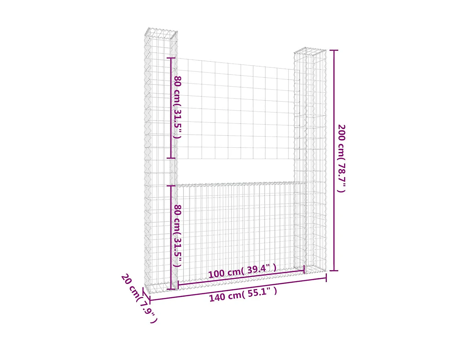Panier de gabion-Mur en gabion en forme de U avec 2 poteaux Fer 140x20x200 cm