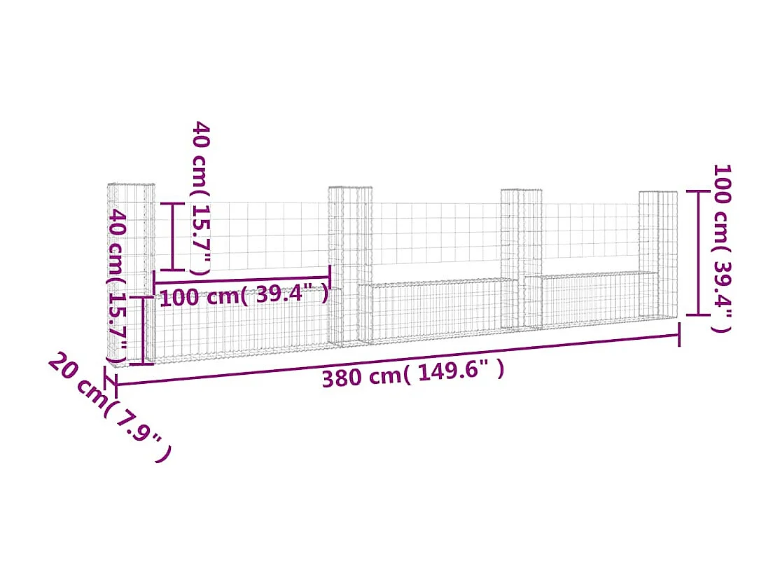 Panier de gabion-Mur en gabion en forme de U avec 4 poteaux Fer 380x20x100 cm