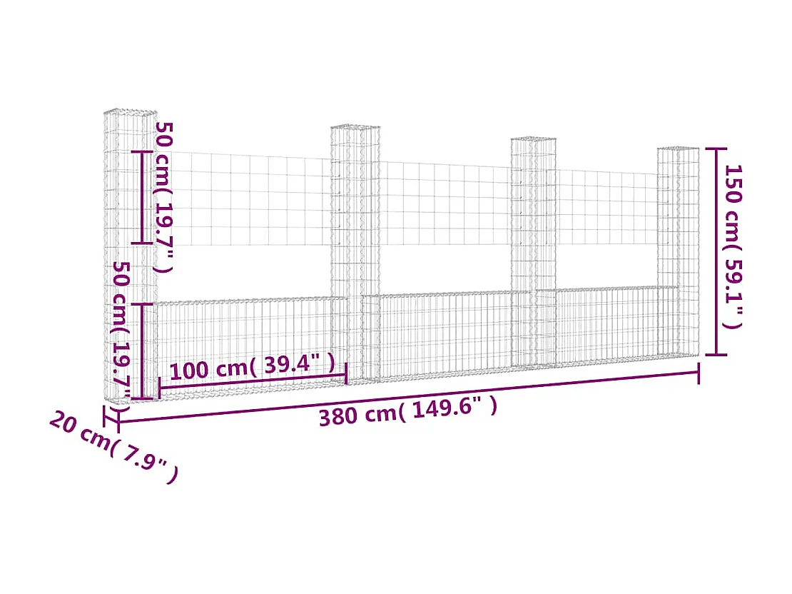 Panier de gabion-Mur en gabion en forme de U avec 4 poteaux Fer 380x20x150 cm