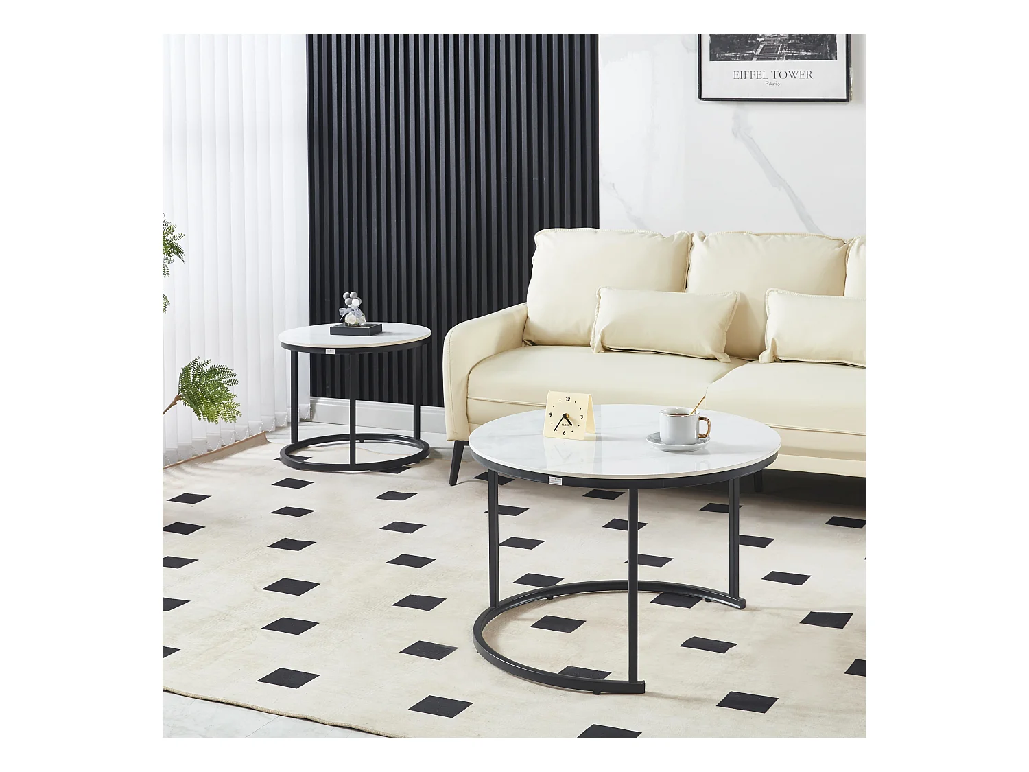 Ensemble de Tables Basses de Luxe – Pierre effet marbre blanc brillant & Pieds noirs – Ø70 & Ø50 cm – Look marbre – Tables basses rondes / Tables d’appoint – Solide