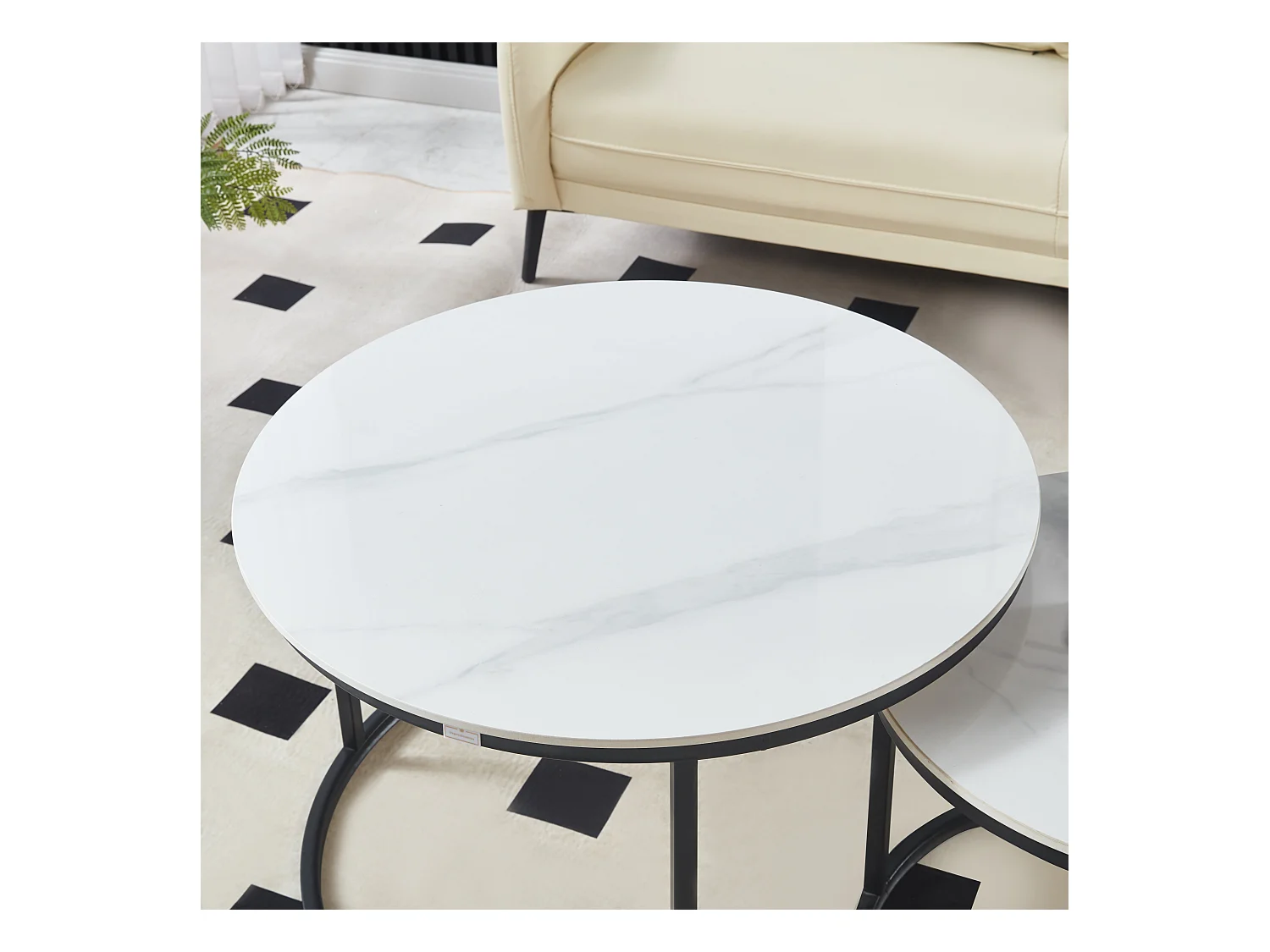 Ensemble de Tables Basses de Luxe – Pierre effet marbre blanc brillant & Pieds noirs – Ø70 & Ø50 cm – Look marbre – Tables basses rondes / Tables d’appoint – Solide