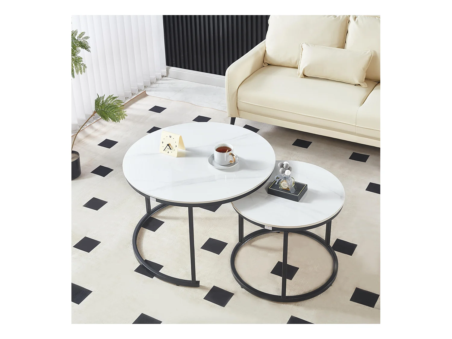 Ensemble de Tables Basses de Luxe – Pierre effet marbre blanc brillant & Pieds noirs – Ø70 & Ø50 cm – Look marbre – Tables basses rondes / Tables d’appoint – Solide