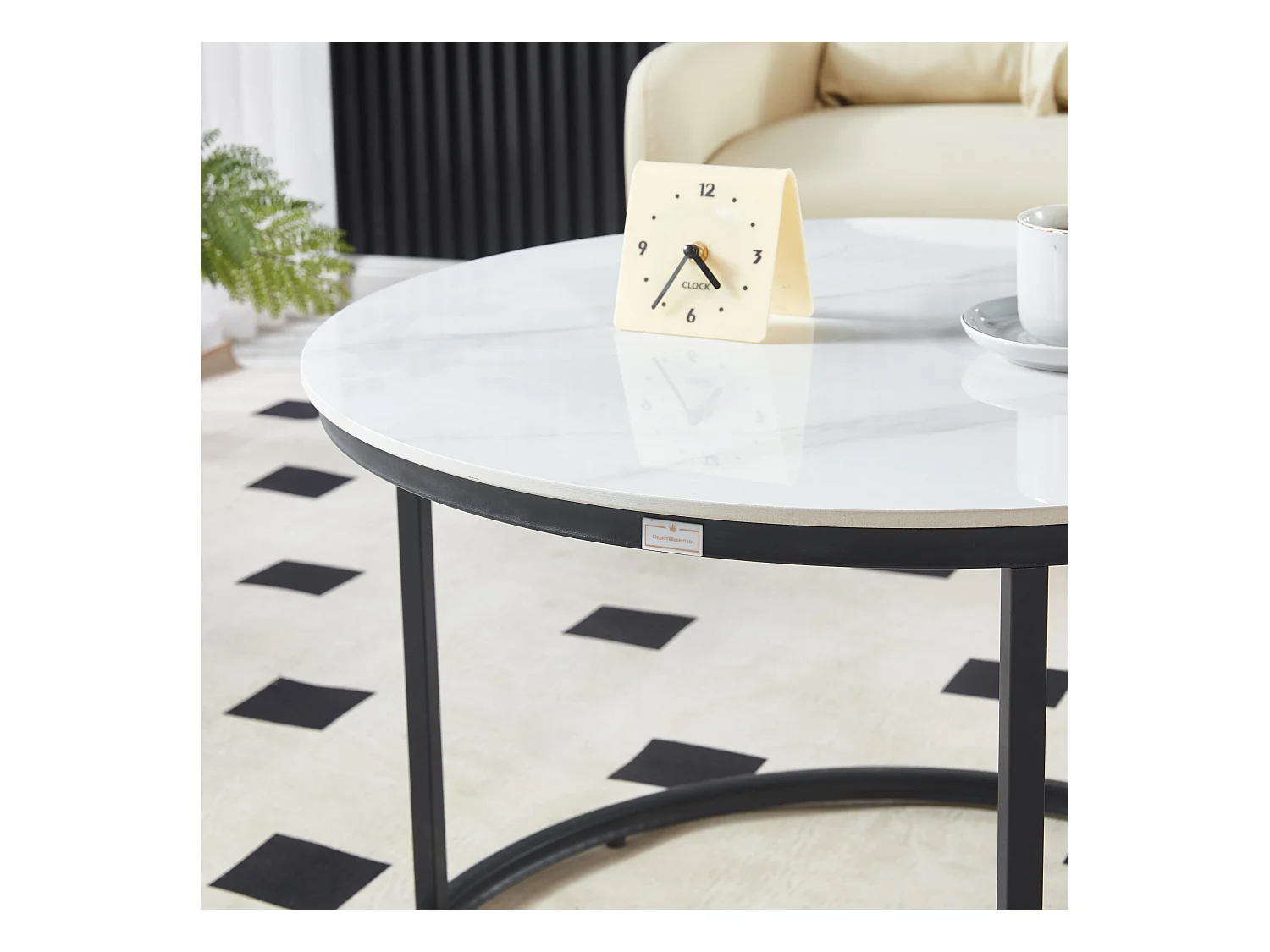 Ensemble de Tables Basses de Luxe – Pierre effet marbre blanc brillant & Pieds noirs – Ø70 & Ø50 cm – Look marbre – Tables basses rondes / Tables d’appoint – Solide