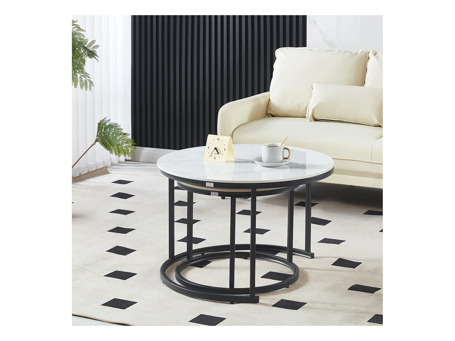 Ensemble de Tables Basses de Luxe – Pierre effet marbre blanc brillant & Pieds noirs – Ø70 & Ø50 cm – Look marbre – Tables basses rondes / Tables d’appoint – Solide