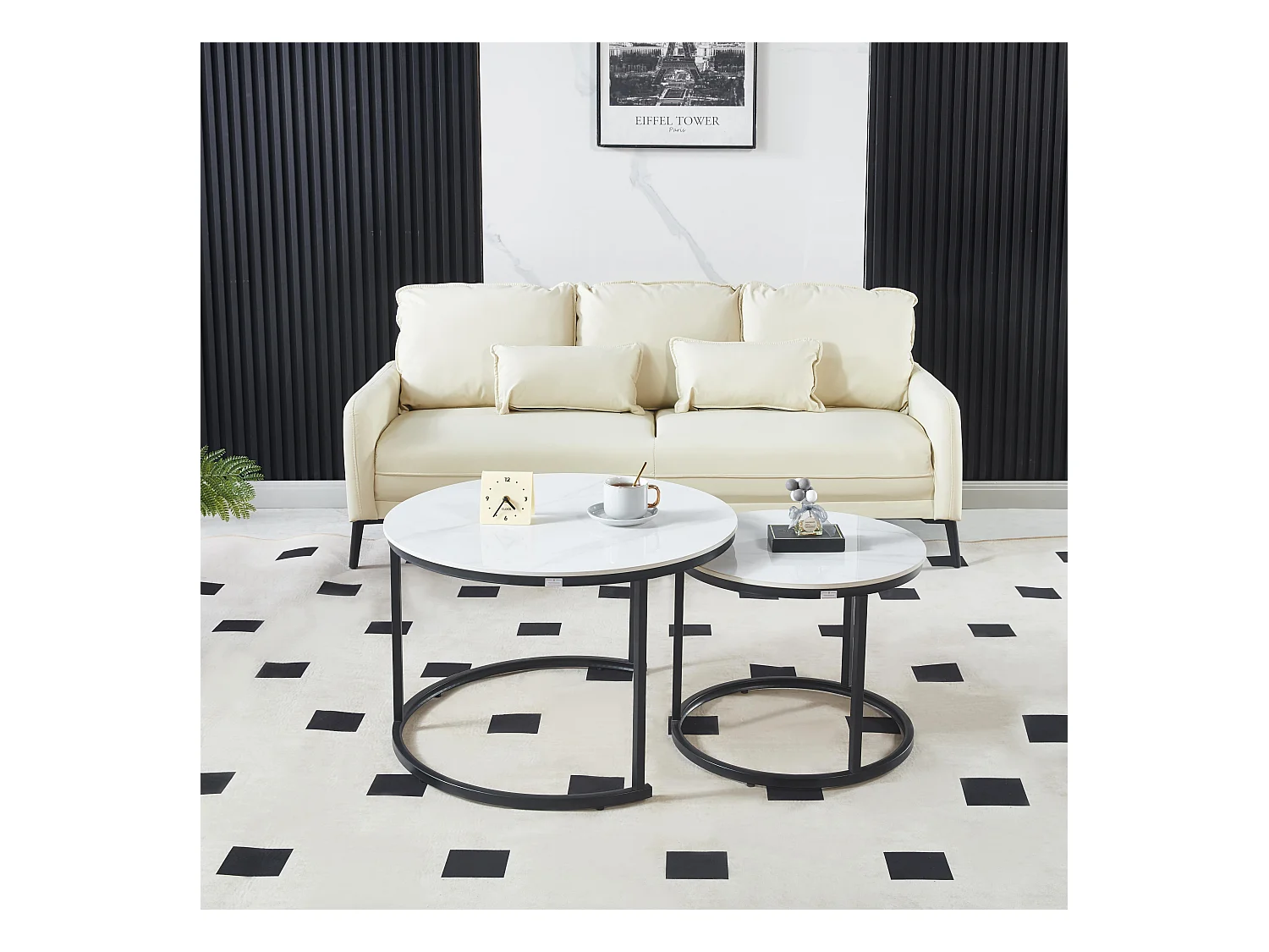 Ensemble de Tables Basses de Luxe – Pierre effet marbre blanc brillant & Pieds noirs – Ø70 & Ø50 cm – Look marbre – Tables basses rondes / Tables d’appoint – Solide