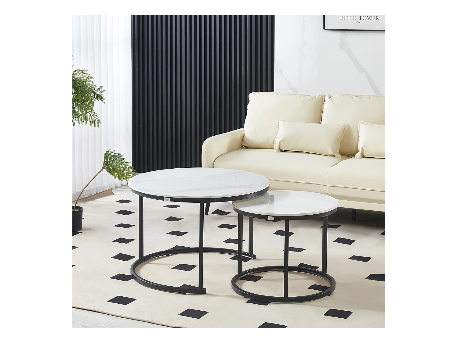 Ensemble de Tables Basses de Luxe – Pierre effet marbre blanc brillant & Pieds noirs – Ø70 & Ø50 cm – Look marbre – Tables basses rondes / Tables d’appoint – Solide