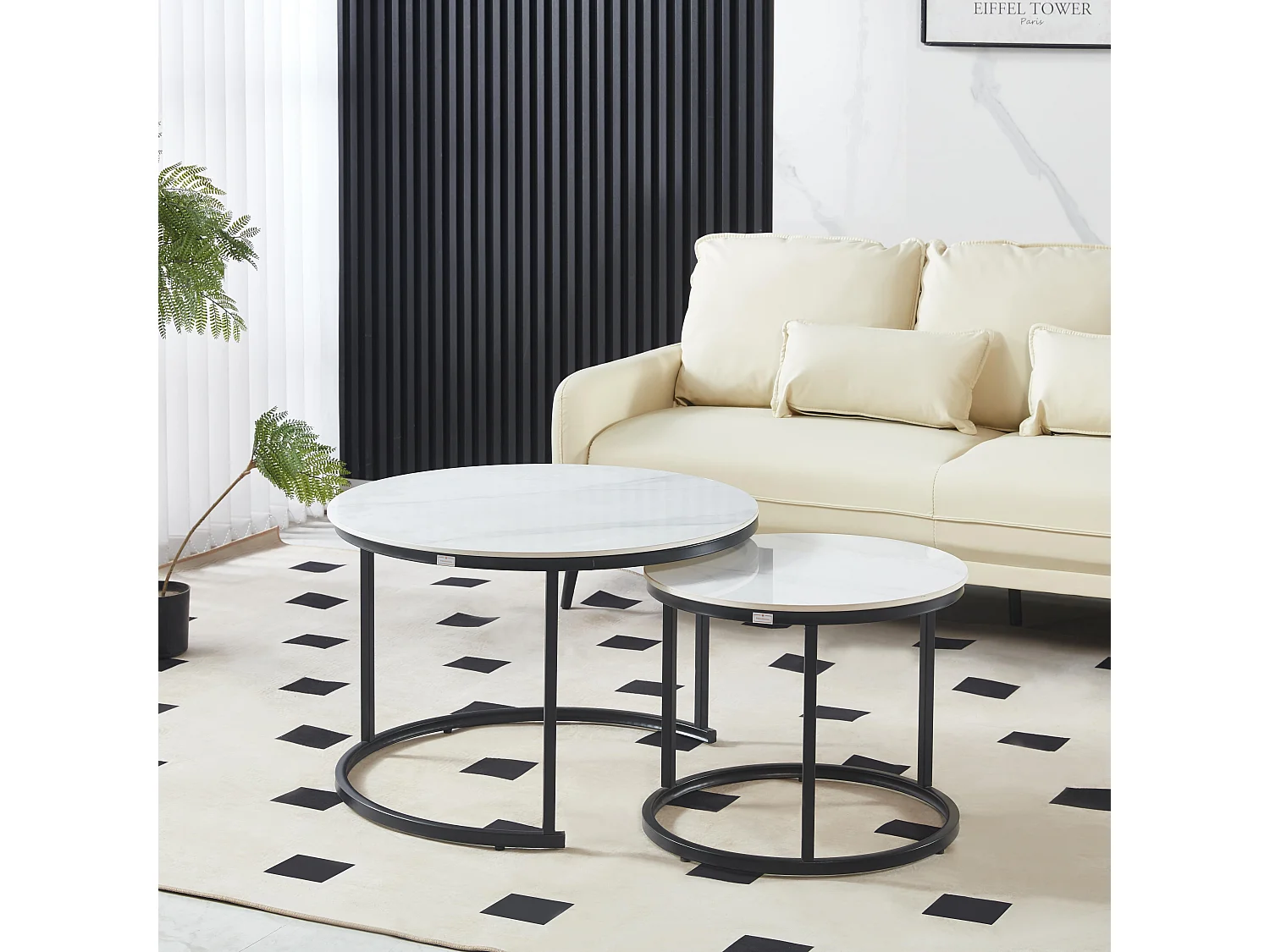 Ensemble de Tables Basses de Luxe – Pierre effet marbre blanc brillant & Pieds noirs – Ø70 & Ø50 cm – Look marbre – Tables basses rondes / Tables d’appoint – Solide