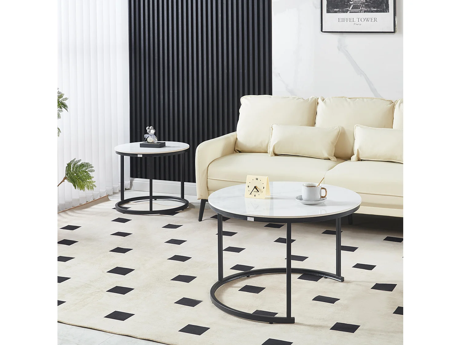 Ensemble de Tables Basses de Luxe – Pierre effet marbre blanc brillant & Pieds noirs – Ø70 & Ø50 cm – Look marbre – Tables basses rondes / Tables d’appoint – Solide