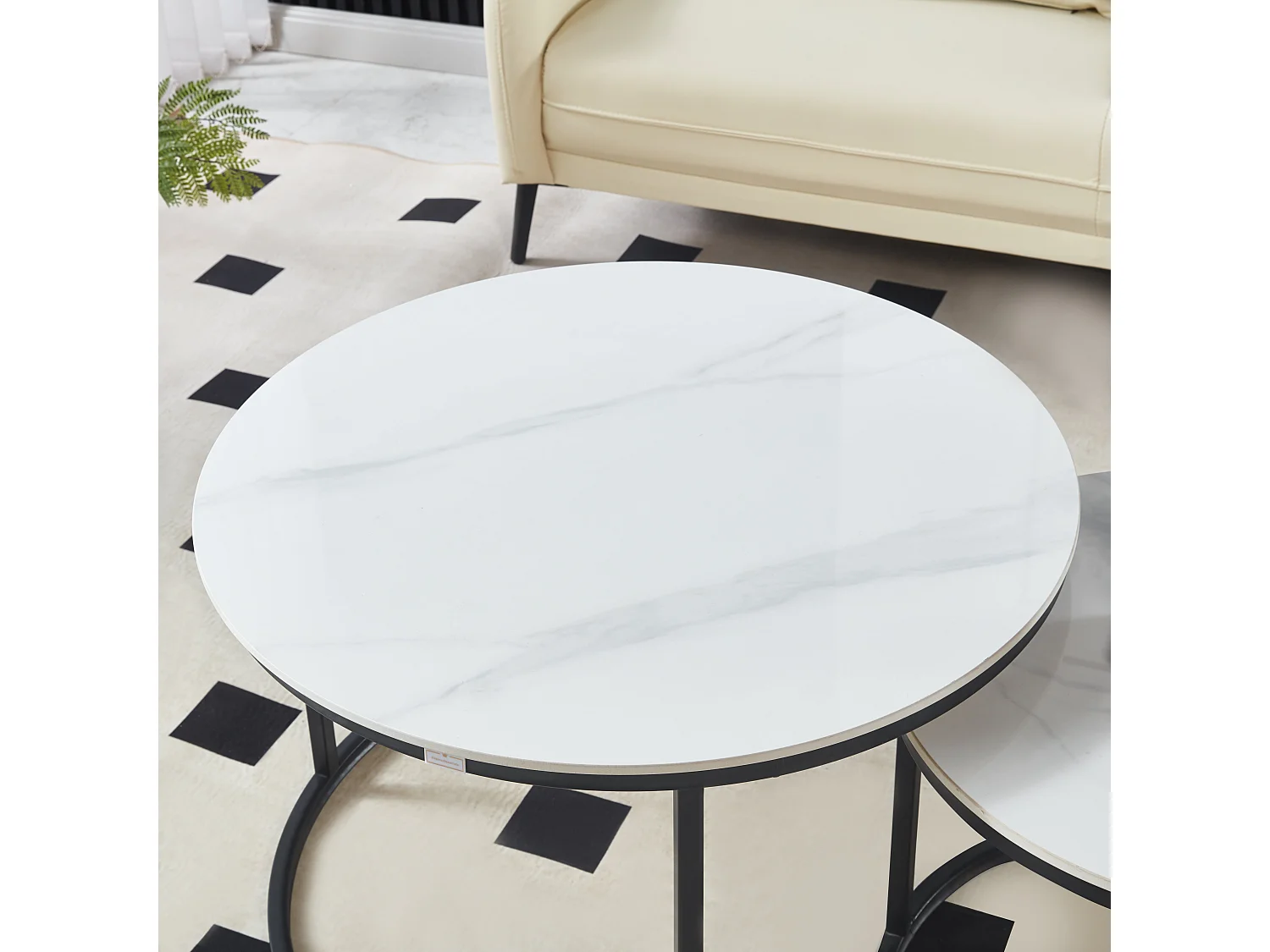 Ensemble de Tables Basses de Luxe – Pierre effet marbre blanc brillant & Pieds noirs – Ø70 & Ø50 cm – Look marbre – Tables basses rondes / Tables d’appoint – Solide
