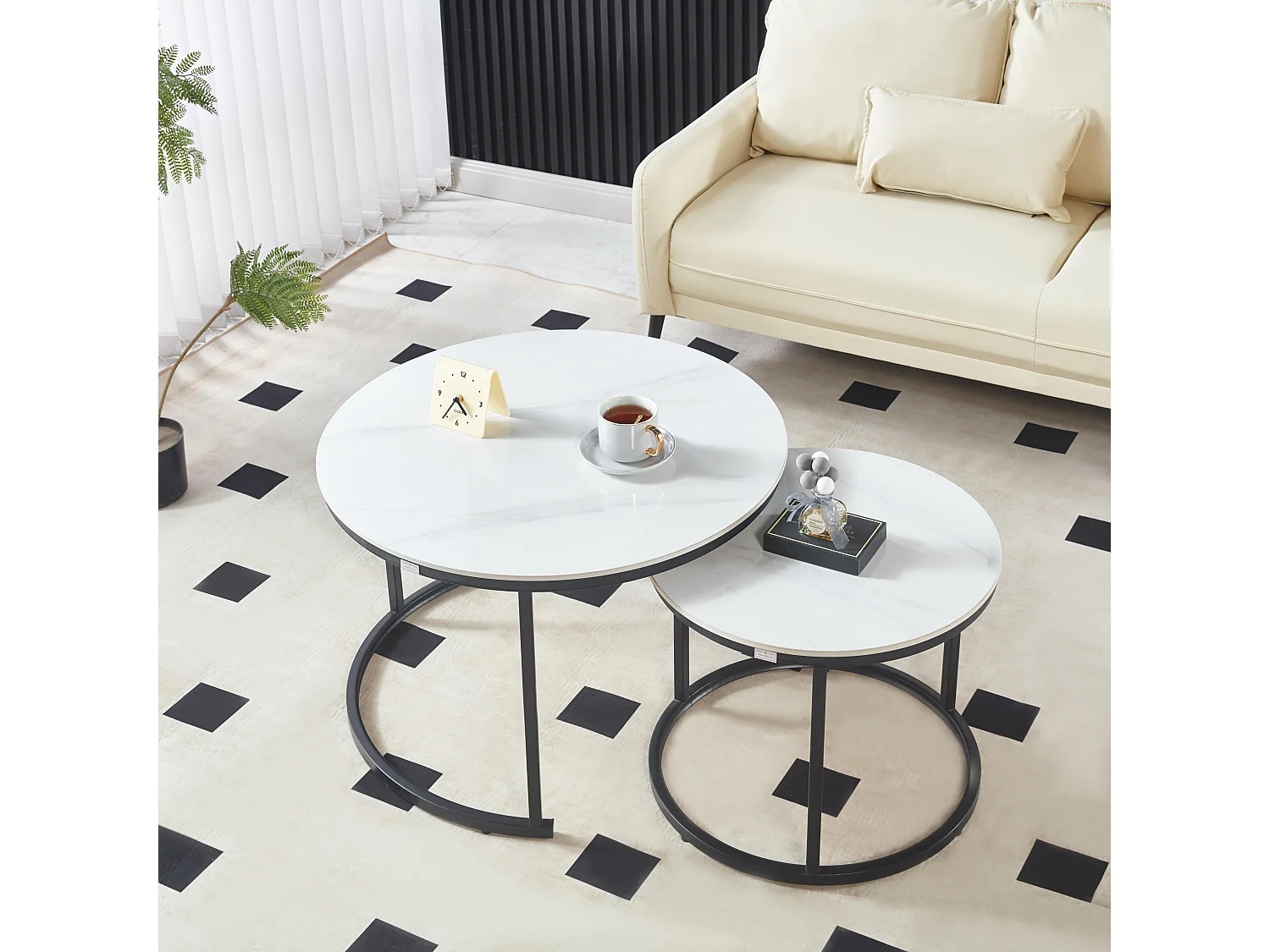 Ensemble de Tables Basses de Luxe – Pierre effet marbre blanc brillant & Pieds noirs – Ø70 & Ø50 cm – Look marbre – Tables basses rondes / Tables d’appoint – Solide