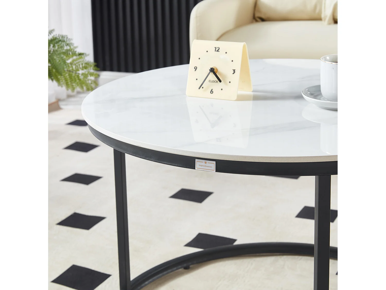 Ensemble de Tables Basses de Luxe – Pierre effet marbre blanc brillant & Pieds noirs – Ø70 & Ø50 cm – Look marbre – Tables basses rondes / Tables d’appoint – Solide