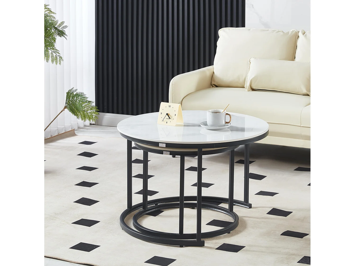 Ensemble de Tables Basses de Luxe – Pierre effet marbre blanc brillant & Pieds noirs – Ø70 & Ø50 cm – Look marbre – Tables basses rondes / Tables d’appoint – Solide