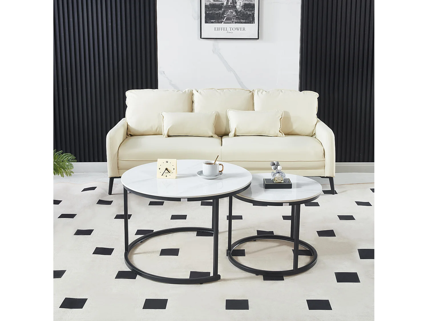 Ensemble de Tables Basses de Luxe – Pierre effet marbre blanc brillant & Pieds noirs – Ø70 & Ø50 cm – Look marbre – Tables basses rondes / Tables d’appoint – Solide