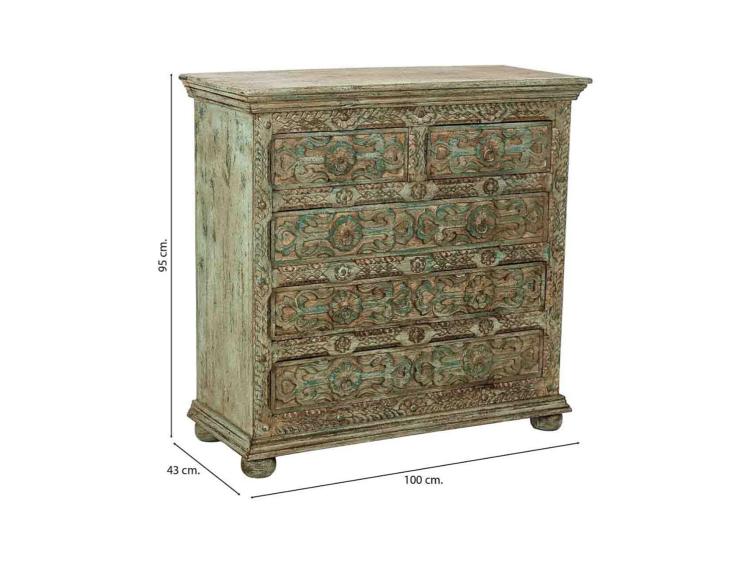 Cómoda de Madera artesanal con 5 cajones azul 100x43x95h cm