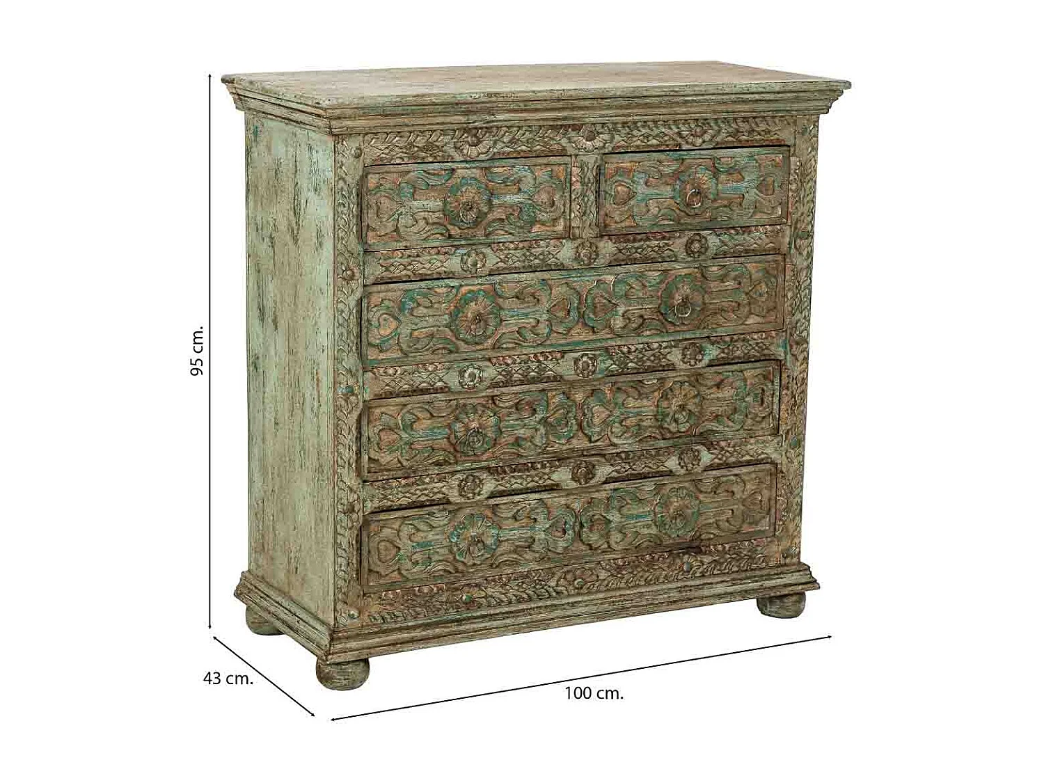 Cómoda de Madera artesanal con 5 cajones azul 100x43x95h cm