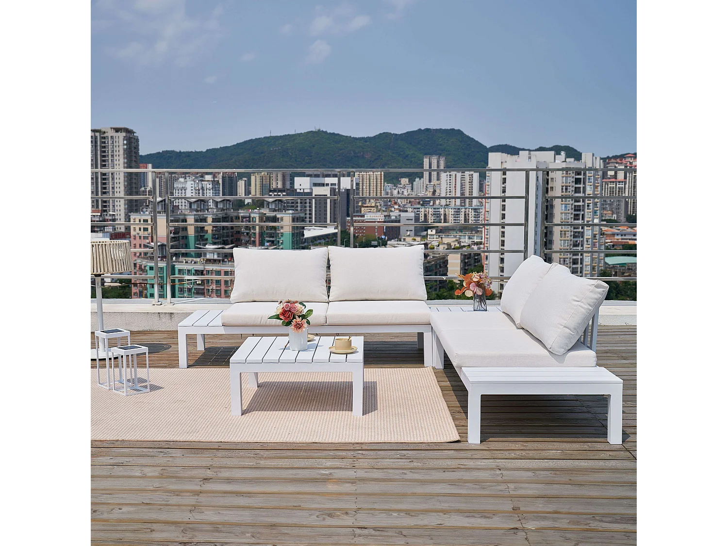 Conjunto Exterior Jardín Alcocebre Blanco: 2 Sofás, 2 Mesas (Con Cojines)