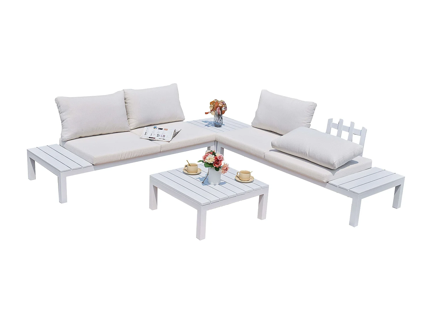 Conjunto Exterior Jardín Alcocebre Blanco: 2 Sofás, 2 Mesas (Con Cojines)